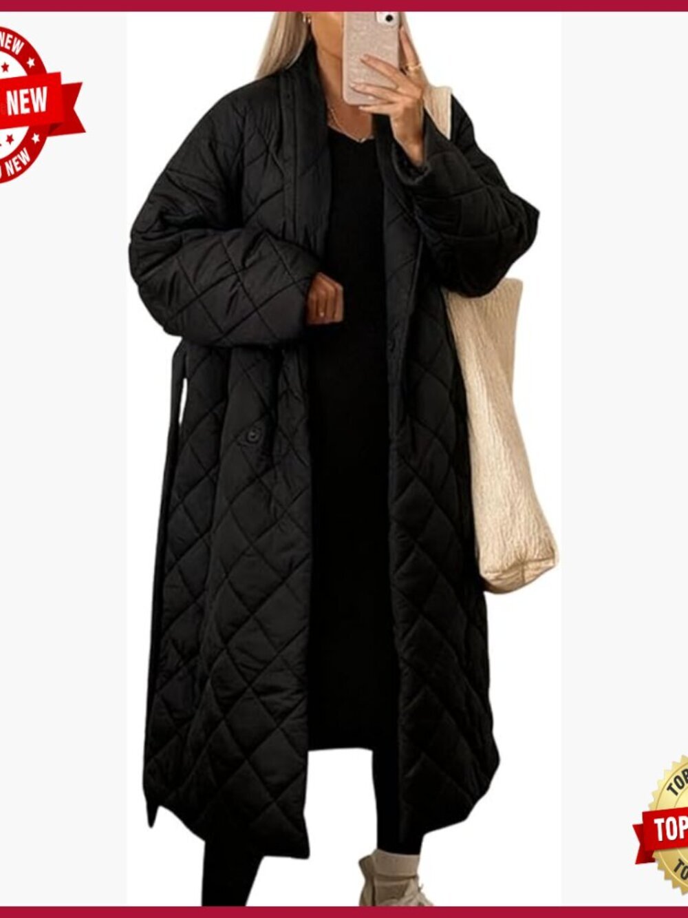 Oversized Quilted Down Coat Winter Belted Midi Long Puffer Jacket